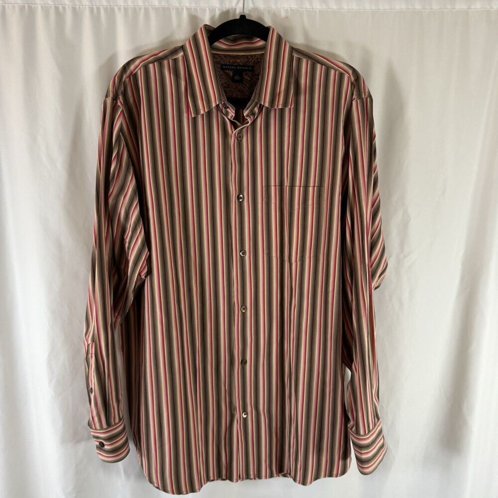 Banana Republic Dress Shirt Men's Large Brown Striped Button Up Long Sleeve